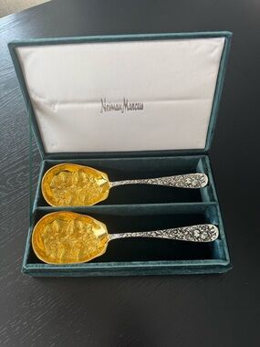 Vintage Neiman Marcus Large Gold & Silver Floral Serving Spoons Set. NEW